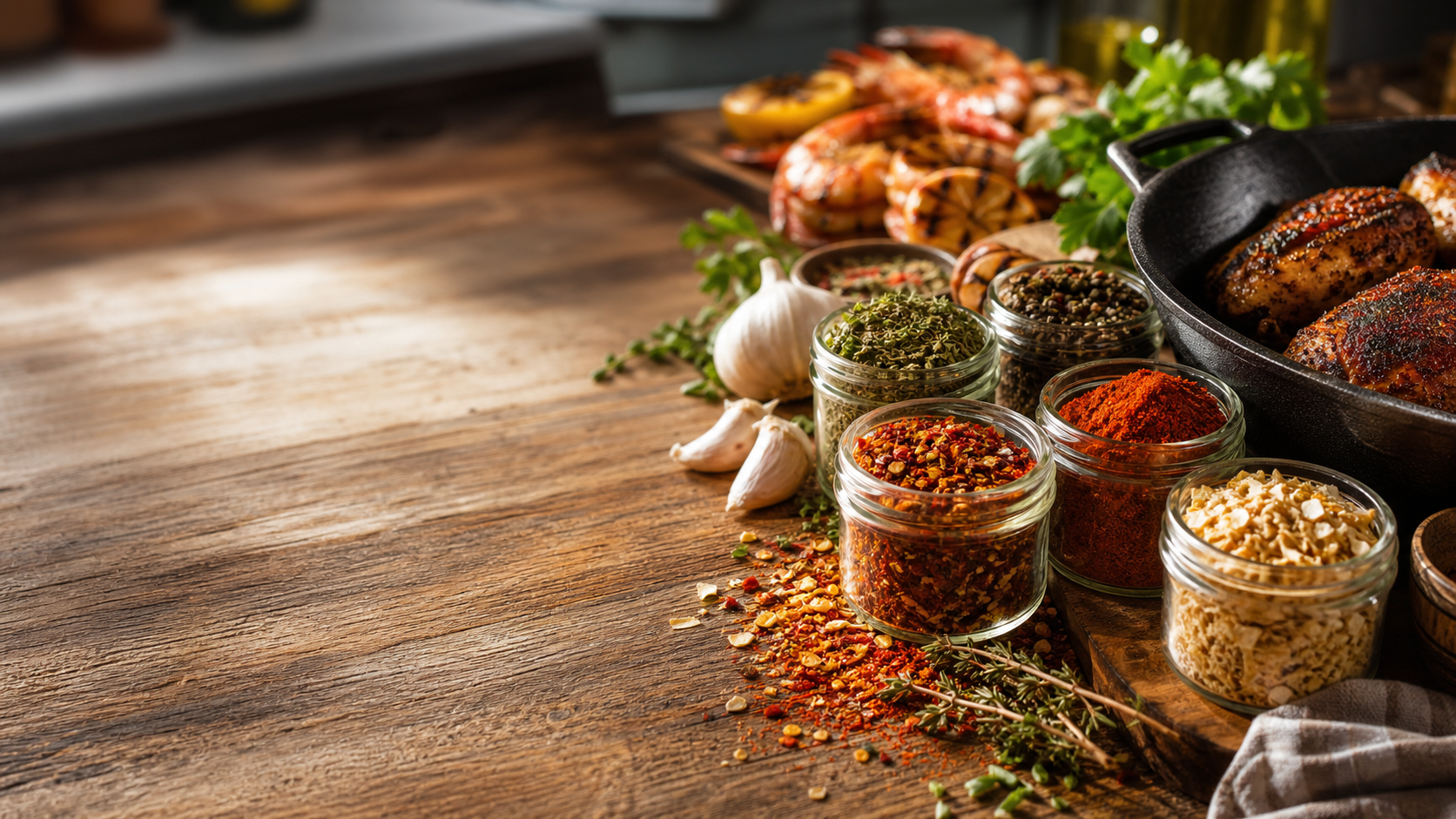 Spice jars, herbs, cast iron, and Cajun-Creole ingredients on a warm kitchen prep surface
